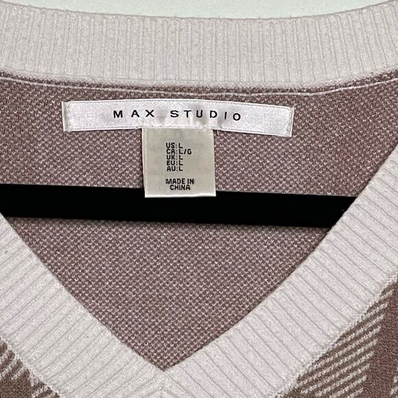 Max Studio V-Neck Sweater Long Sleeve Ribbed Hem Plaid Pullover Brown White L - Picture 7 of 12